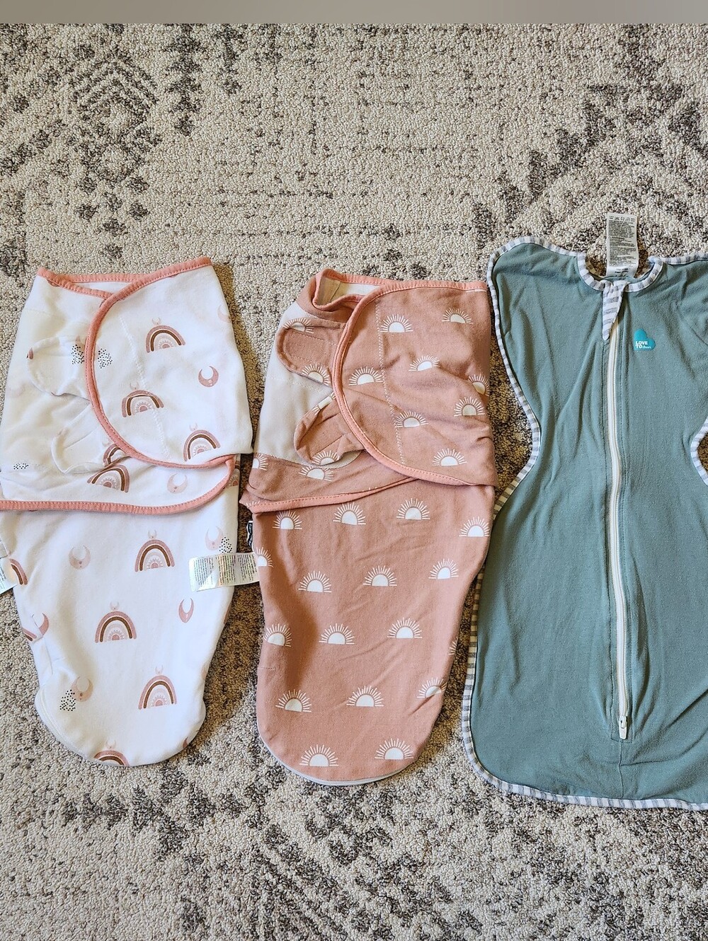 3 Baby Swaddles - Pink Rainbow, Dusty Rose Sun, Sage Zip Love To Dream